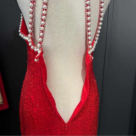 Vintage 80s Red Silk Beaded Pearl Oleg Cassini Black Tie Cocktail Dress Glam 2 - Picture 6 of 11